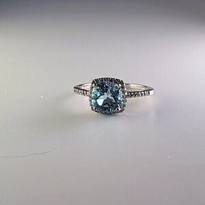 Sterling Silver Blue Topaz & Cubic Zirconia Halo Ring Size 8
